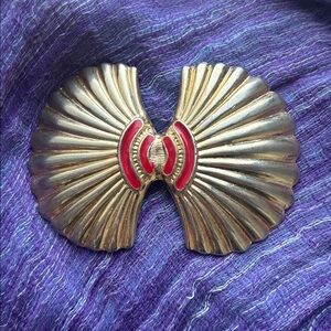 Vintage Gold Golden Hefty Metal Red Shell Belt Buckle 80s